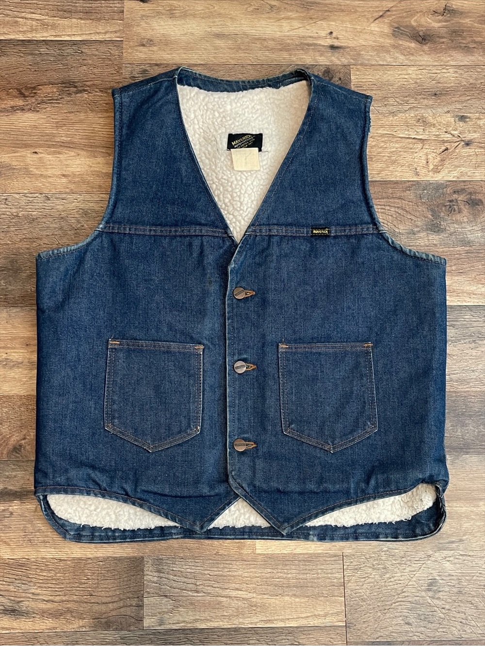 Vintage 1970s | Maverick Automaticks Sherpa Denim Vest Dark Wash Blue Western